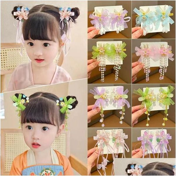 Accessori per capelli Vintage Organza cinese Fiocco di nastro Nappa Forcine per capelli Fermagli per capelli Farfalla Clip di fiori per ragazze Han Fu Pins Drop Delive Otp2O