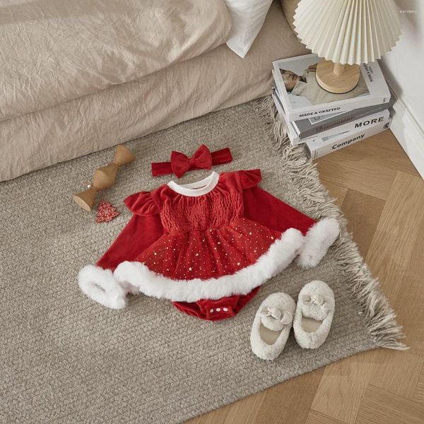 Strampler Weihnachten 0–2 Jahre Baby Mädchen 2-teiliges Outfit mit Pailletten, Stern, langen Ärmeln, Strampler, Kleid und niedlichem Stirnband für Kleinkinder, Kleinkinder, Herbst