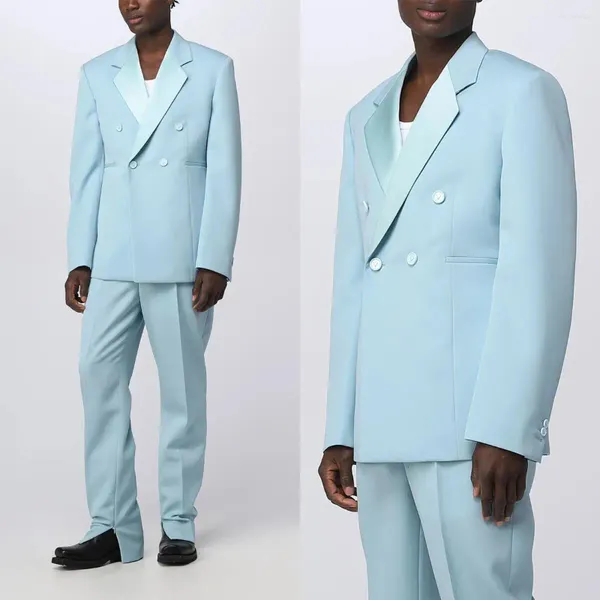 Ternos masculinos moda fresco azul masculino terno 2 peças blazer calças um botão pico lapela cetim negócios formal trabalho casamento noivo traje homme
