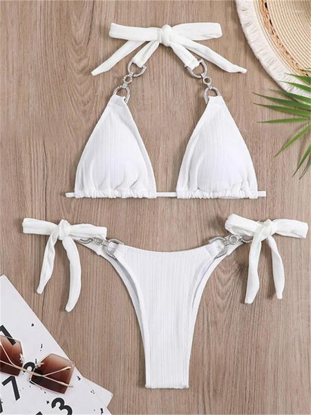 Damenbadebekleidung Luxus Strass Bikini Frauen Solid White Halter Push Up Micro Badeanzug 2024 Sexy Badeanzug Krawatte Seite Dreieck
