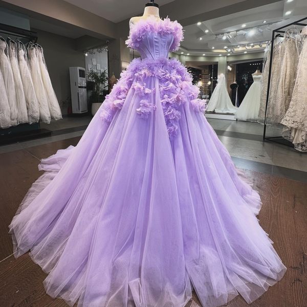 2024 Aso Ebi Lavender A-line Prom Dress Strapless Flores Tule Noite Festa Formal Segunda Recepção Aniversário Vestidos de Noivado Vestidos Robe De Soiree ZJ22