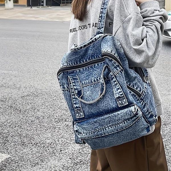 Zaino da donna con cerniera in denim di grande capacità, elegante zaino portaoggetti