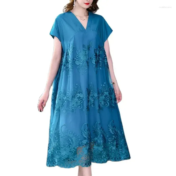 Partykleider Gesticktes Blumenkleid Damen Koreanische Version Retro Elegante Mode Lässig Lose Taille V-Ausschnitt 2024 Sommer Blau