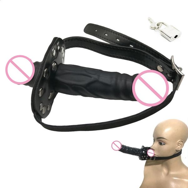 camaTech Silikon-Doppeldildos, Knebel, Strap-On, offener Mund, Dong-Plug mit Verschlussschnallen, Ledergeschirr, Bondage für Paare, 240130