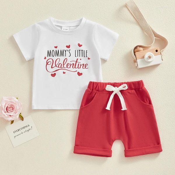 Kleidung Sets Baby Valentinstag Outfit runden Hals kurzärmelig Buchstabe Herzdruck Tops Elastische Taille Set für kleine Jungen Mädchen