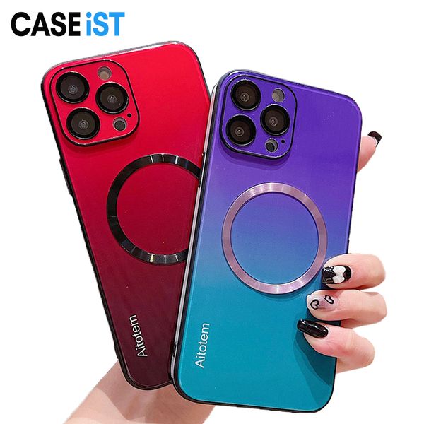 Caseist Lüks Gradyan 9H Temperli Cam Magnik Telefon Kılıfı Lens Protector Hibrit Renk Parlak Arka Mobil Kapak İPhone 15 14 13 12 Pro Max Plus için