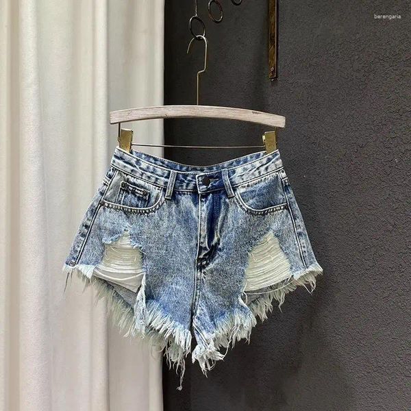 Shorts femininos 2024 verão streetwear rebarbas borla hem solto perna larga denim buraco cintura alta angustiado jeans feminino