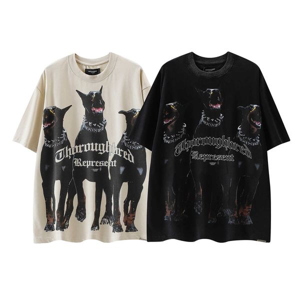 T-shirt da uomo Represnet-shirtative Hound Print High Street Washed Old Loose T-shirt da uomo e da donna a maniche corte T-shirt vintage Ehp6