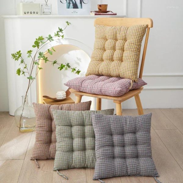 Kissen, karierter, quadratischer Stuhl mit Bändern, Bodensitzpolster, für drinnen und draußen, für Esszimmer, Garten, Terrasse, Heimbüro