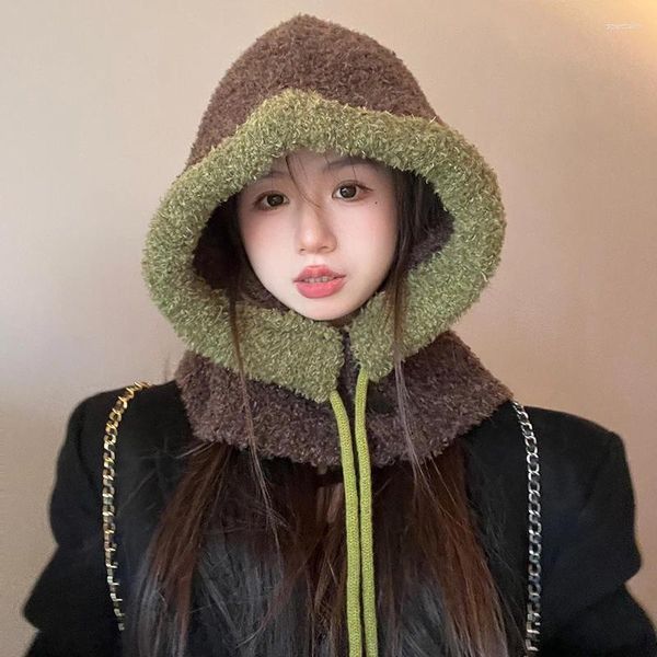 Berets Coreano Moda Color Matching Plush Balaclava Chapéus para Mulheres Inverno Viagem Proteção de Ouvido Quente Cachecol Integrado Bomber Caps