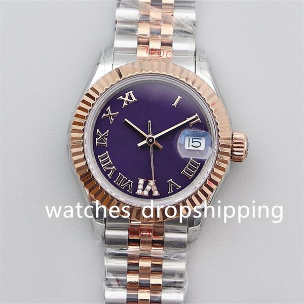 Orologio da donna alla moda 31 mm quadrante viola ruoli oro romano automatico meccanico bicolore giubileo acciaio inossidabile bracciale in vetro zaffiro orologio da polso