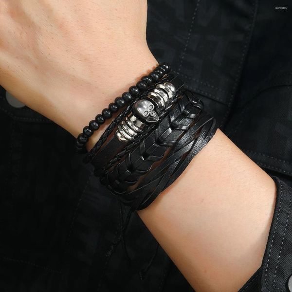 Charme pulseiras estilo punk pulseira de couro para homens multi camada tecido pu produto crânio cabeça de madeira grânulo