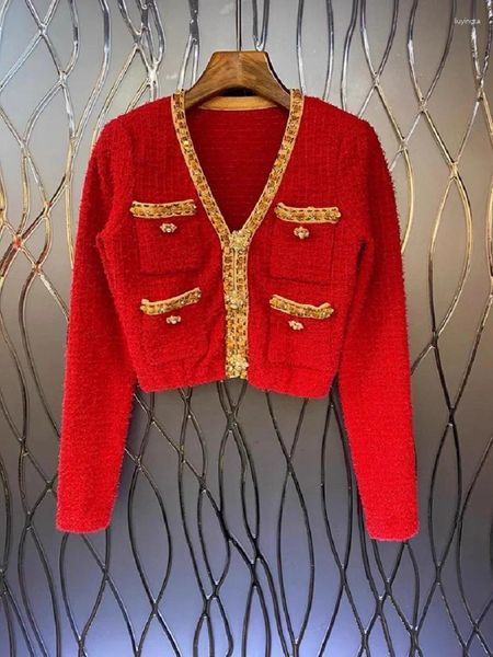 Женские куртки 2024, весенняя мода, кардиган, пальто, роскошные женские повседневные красные топы с v-образным вырезом, расшитые бисером, с длинным рукавом, верхняя одежда