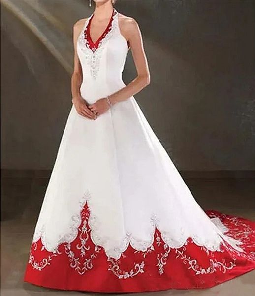 Elegante branco e vermelho uma linha vestidos de casamento bordado halter pescoço sem mangas longo cetim vestido de noiva tribunal trem vintage robe de mariee 2024