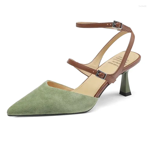 Sandálias Kid Camurça Fechado Dedo Apontado Mulheres Verão Preto Verde Alto Salto Fino Sapatos de Festa Sexy Ladies Ankle Strap