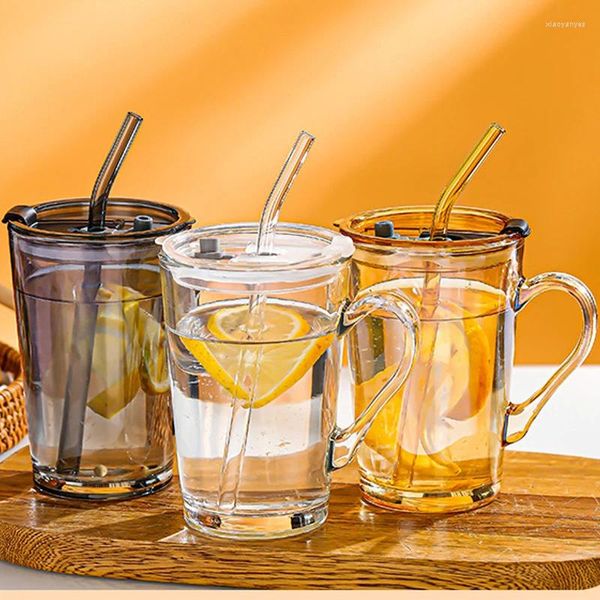 Weingläser 450 ml Glaskaffeetassen mit Deckel und Strohhalmen, transparenter Wasserflaschengriff für Eisbiersaft-Smoothie-Tasse