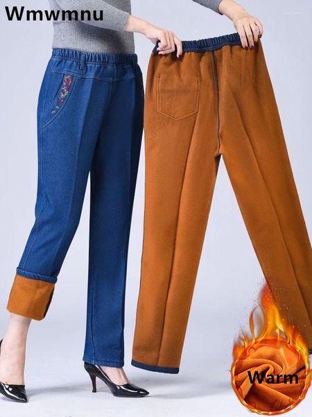 Jeans femininos inverno pelúcia veludo forrado calças jeans retas mãe cintura alta bordado baggy vaqueros vintage engrossar quente kot pantolon