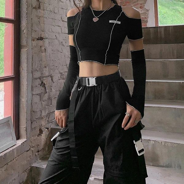 Damen T-Shirts Patchwork Schwarze T-Shirts Gothic One Shoulder Sleeve Y2k Crop Tops Rüschen Saum Hip Hop Techwear Frauen T-Shirts