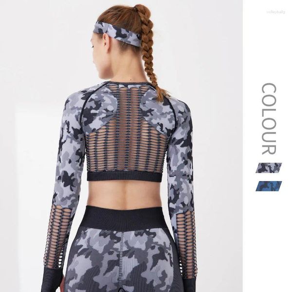 Frauen T-Shirts Workout Sets Frau Gym Outfits Nahtlose Yoga Anzug Langarm Crop Top Übung Camouflage Frauen Sport Kleidung hohl