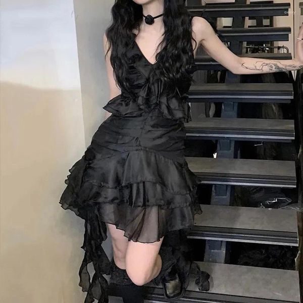 Vestidos casuais 2024 gótico babados vestido escuro estético grunge mini irregular v-pescoço vestido de baile goth 90s emo alt bolo preto