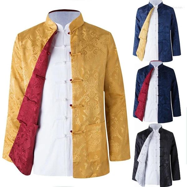 Ethnische Kleidung Langarm Reversible Traditionelle Chinesische Kleidung Tang-anzug Top Frühling Männer Seide Stickerei Jacke Mantel Für