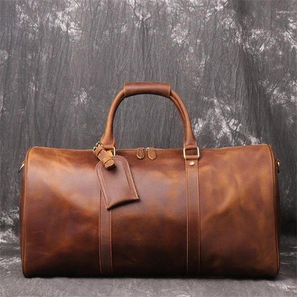 Duffel Taschen Große Große Vintage Braun Top Grain Echtes Crazy Horse Leder 14'' 15,6'' Laptop Männer Reisetasche Rindsleder männlichen Gym Duffle M1015