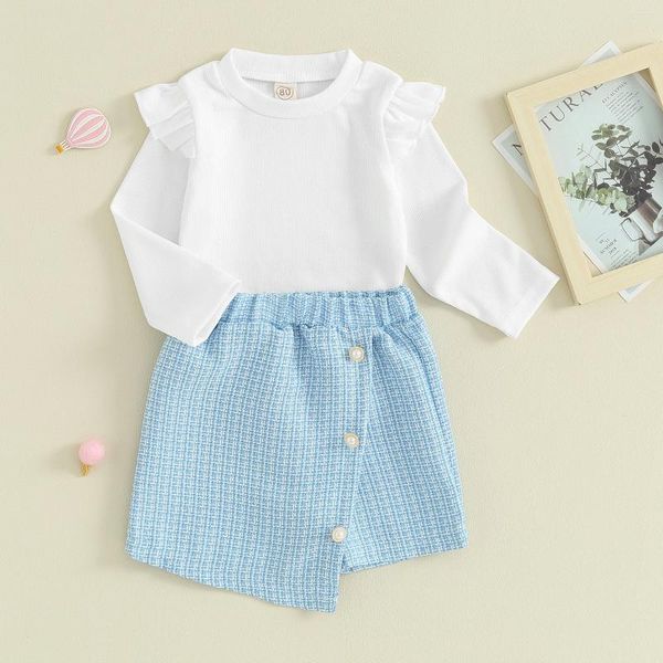 Giyim Setleri Çocuk Bebek Kız Giyim Giysileri Sevimli Fırfır Uzun Kol O Boyun Beyaz T-Shirts Düğmeleri Mini Skorts 2pcs Doğum Günü Partisi Kıyafetleri