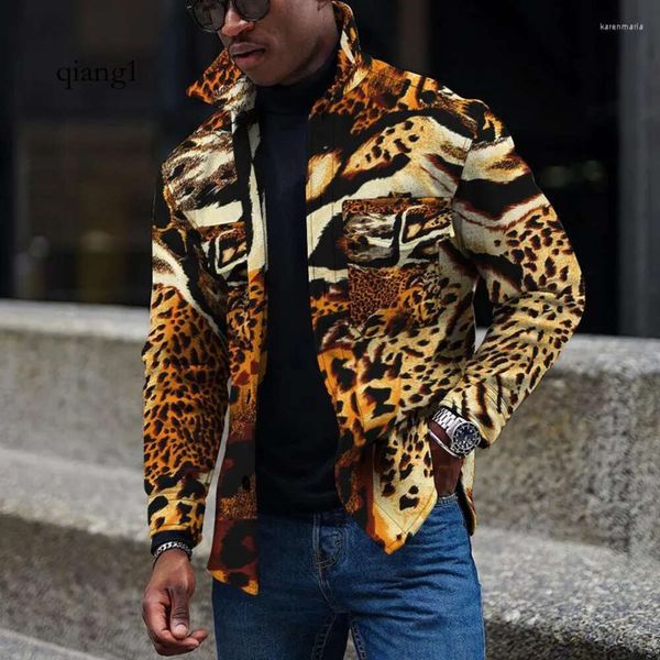 Sommerjacken 2023 Trend Herren Frühling Herbst und Winter Mode Leopardenmuster 3D Digital Revers Lässige Knopfjacke Herren