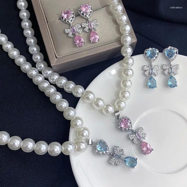 Collana Orecchini Set Brillante Retro Elegante Rosa/blu Cubic Zirconia Orecchini pendenti con fiocco/Imitazione di perle Gioielli da donna Regali per feste