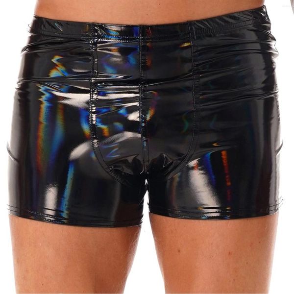 Cuecas masculinas shorts lingerie moda olhar molhado patente couro bulge bolsa boxer breve cintura elástica calças curtas roupa interior clubwear