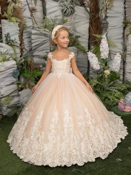 Vestidos da menina luz rosa flor tule inchado estampado bordado renda hem sem mangas para casamento aniversário primeira comunhão vestidos