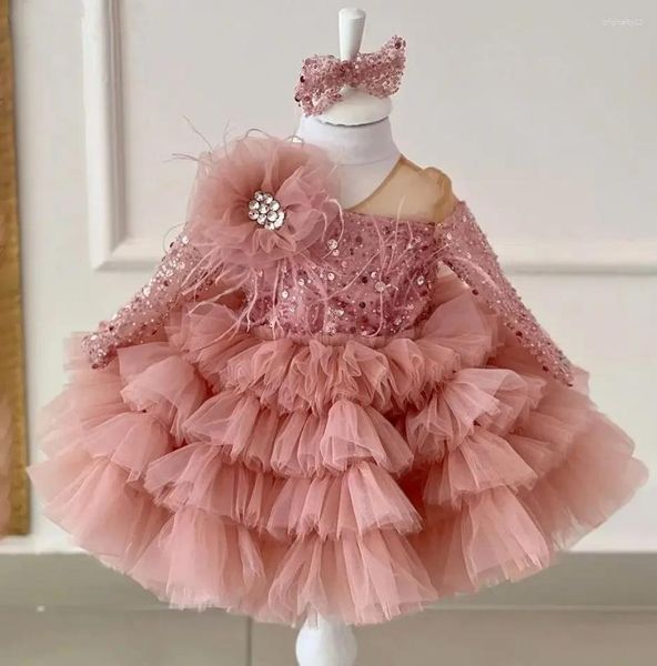 Mädchen Kleider Luxuriöse Puff Mädchen Winter Party Mit Feder Perlen Pailletten Ballkleid Baby Geburtstag Tutu Kleider Mini Blumen Kleid