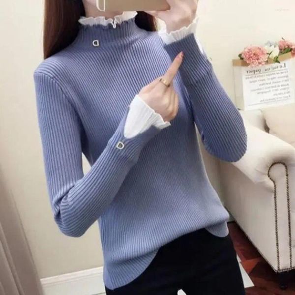 Kadın Sweaters Shirring Trim Yakalı Sweater Pullover Kadınlar İçin Şık Örme İnce Fit Yarım Yüksek Zarif Dantel Sonbahar