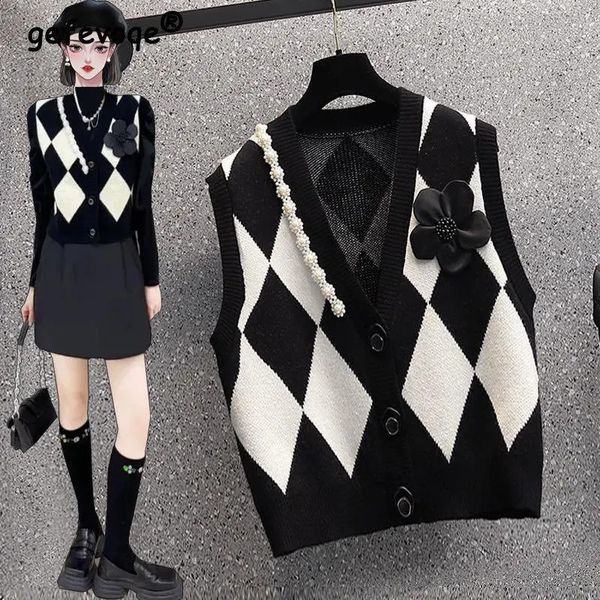 Классический винтажный элегантный вязаный свитер Argyle с бусинами и v-образным вырезом без рукавов, женский повседневный лакированный топ, женская одежда 240216