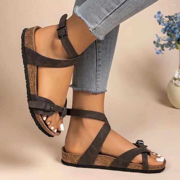 Kleidschuhe Damen Einfarbige, stilvolle Sandalen, Schnallengürtel, überkreuzte Riemen, Plattform, weiche Sohle, Sommer, lässiger Strand-Tanga