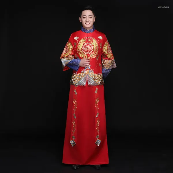 Abbigliamento etnico Maschile Rosso Cheongsam Toast Costumi Sposi Giacca Abito lungo Abito tradizionale in stile cinese Matrimonio Qipao Uomo Ricamo Tang