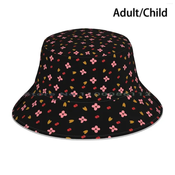 Berets preto flor de cerejeira floral padrão balde chapéu chapéu de sol rosa flor primavera kawaii pastel estética folhas pêssego