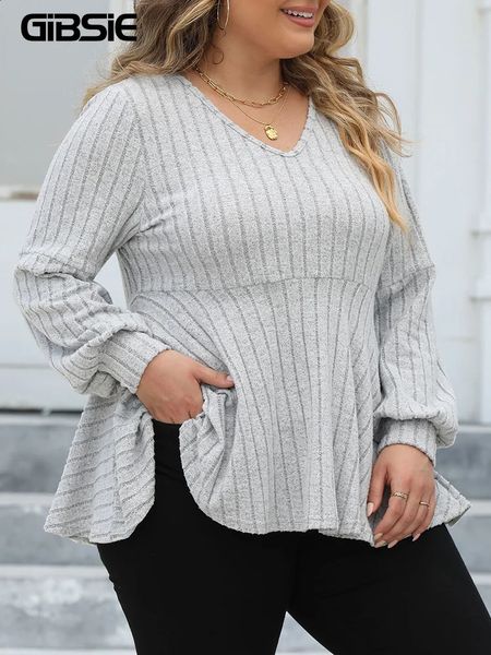 Gibsie plus size manga longa topos para mulheres primavera outono v pescoço peplum camiseta feminina casual malha com nervuras camisetas roupas 2023 240202