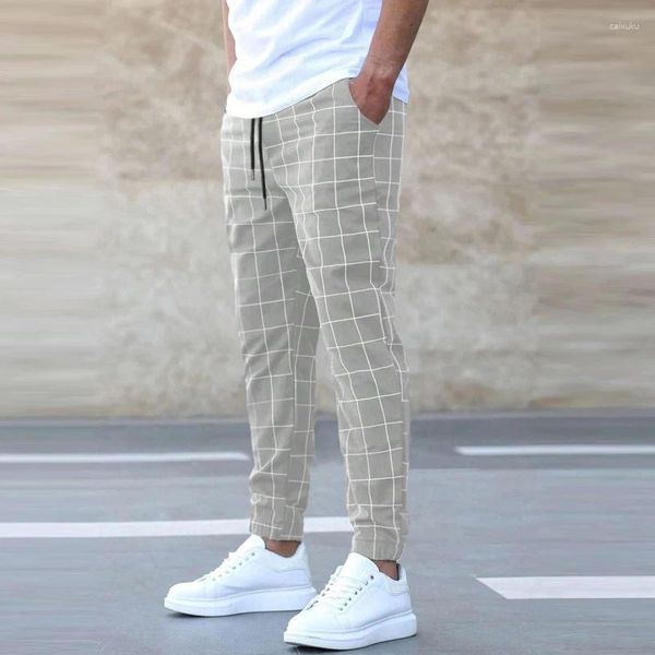 Calças masculinas 2024 streetwear moda meados de cintura cordão sweatpant roupas masculinas bolsos calça longa vintage xadrez impressão calças casuais