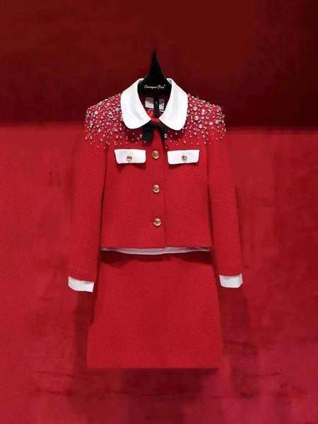 Conjunto de festa de Natal para mulheres arco blazer saia curta 2 peça terno diamante aniversário casamento vermelho jaqueta outfits 240202