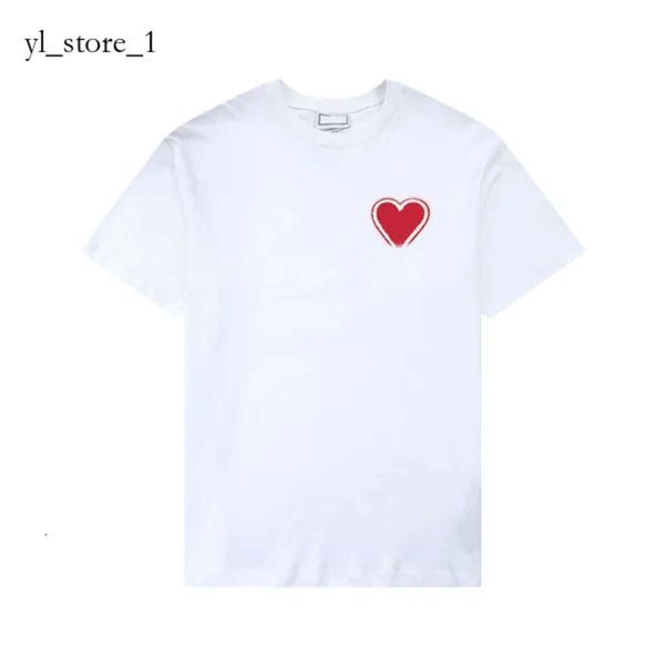 Рубашка Ami Мужская брендовая футболка Amis Paris с вышитым красным сердцем, сплошной цвет, футболка с круглым вырезом и коротким рукавом Big Love для мужчин и женщин с одинаковым абзацем Ami 439