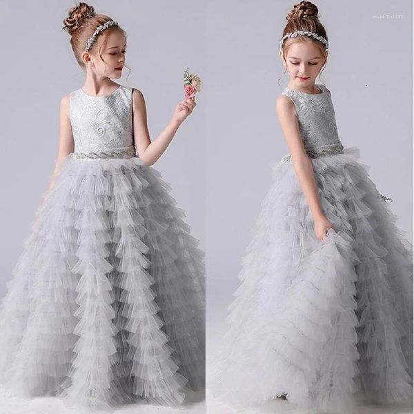 Menina vestidos meninas vestidos de princesa formal 2024 flor em camadas para festa de casamento tule júnior vestido de dama de honra