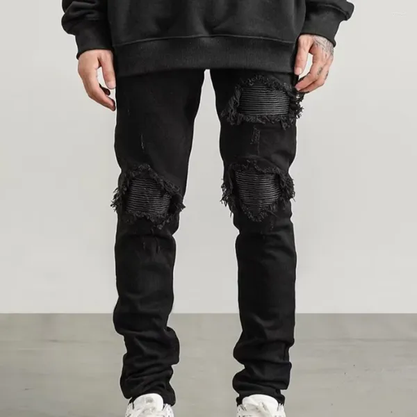 Calças masculinas jeans homens slim fit rasgado streetwear estiramento magro preto rotro buraco biker calças hip hop roupas angustiadas