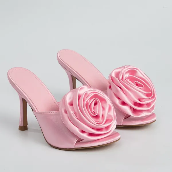 Атласные женские тапочки с цветочным принтом на высоком каблуке, уличные летние женские сандалии для отдыха для девочек розового абрикосового цвета, женские сандалии для повседневного использования, размер 35-42