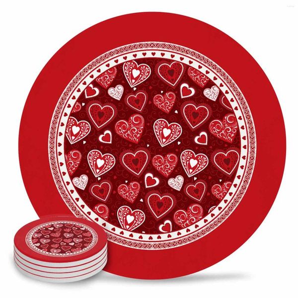 Tapetes de mesa Dia dos Namorados Coração Vermelho Conjunto de cerâmica Café Chá Cup Coasters Acessórios de cozinha Placemat redondo