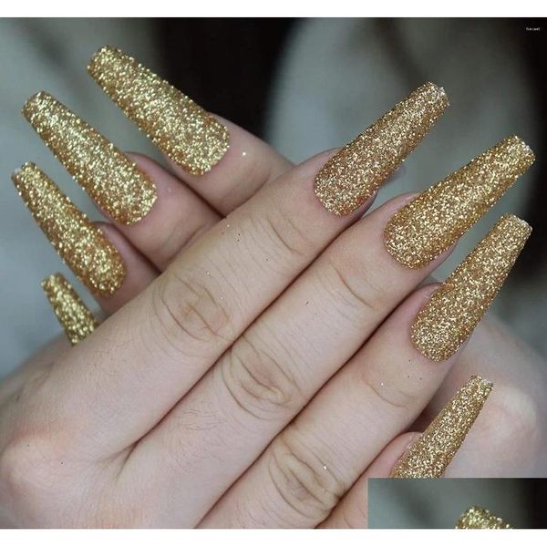 Unghie finte glitter polvere d'oro stampa su bara extra lunga forma ballerina falso Fl Er balletto lucido consegna acrilica artificiale goccia He Otzsc