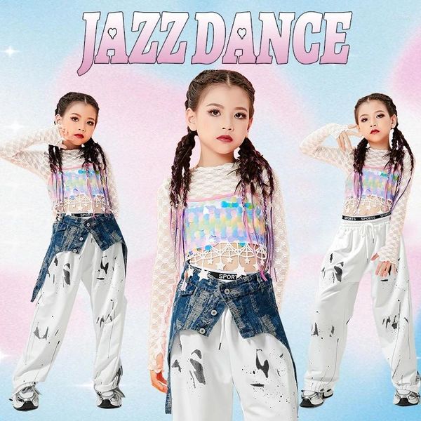 Palco desgaste meninas jazz dança outfits colheita tops calças de carga streetwear crianças roupas de salão hip hop dança desempenho trajes dqs15161