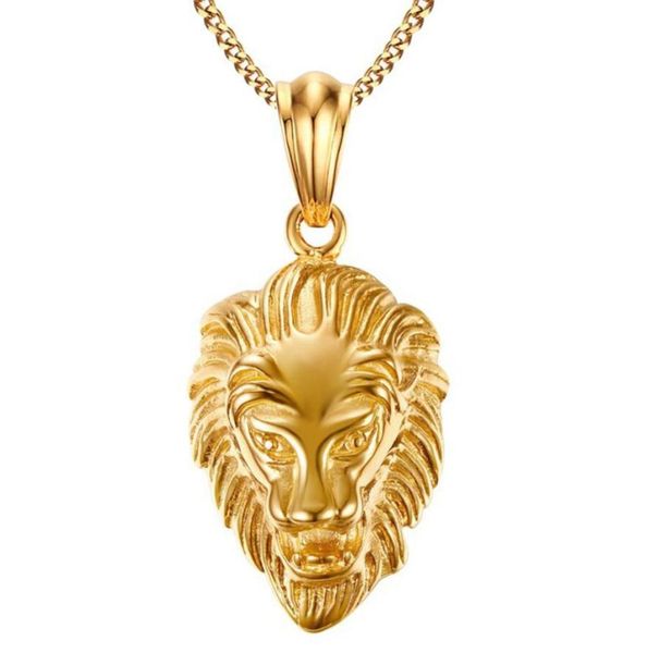Cheap 18K Gold Plated Vintage Mens Stainless Steel Lion Head Rhinestone Pendant Necklace Dropship1173264