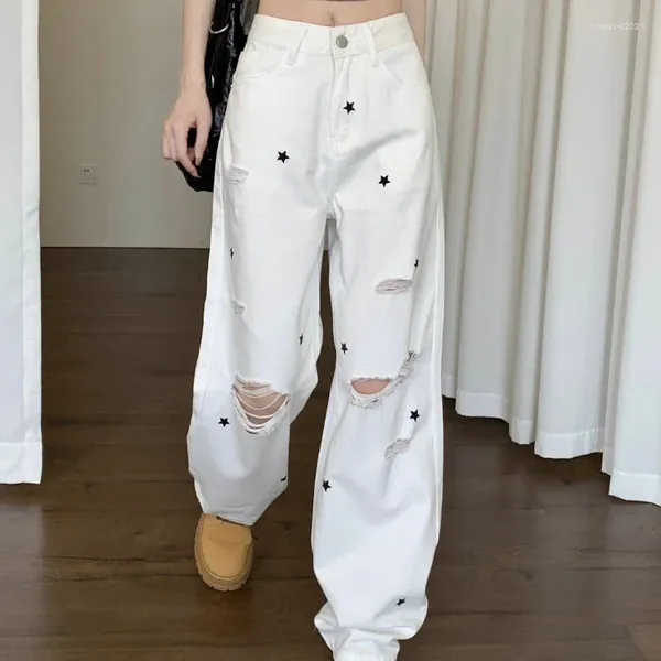 Pantaloni jeans da donna a vita alta S strappati stella da donna con fori pantaloni strappati gamba dritta per donna bianco giapponese Y2k allungato anni '90