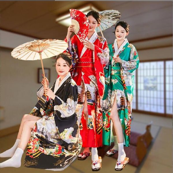 Venda quente novo estilo de chegada japonês quimono feminino cetim impressão quimonos robe longo roupão desempenho palco vestido terno